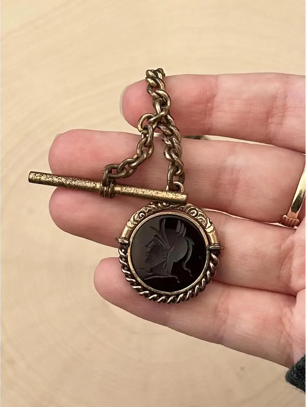 Antique Victorian Gold Filled Carved Roman Soldier Intaglio Sardonyx Watch Chain